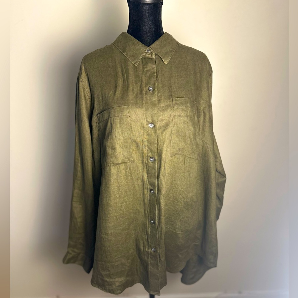 LORD & TAYLOR Green Linen Button Down Long Sleeve Shirt Blouse Women’s Size 2X